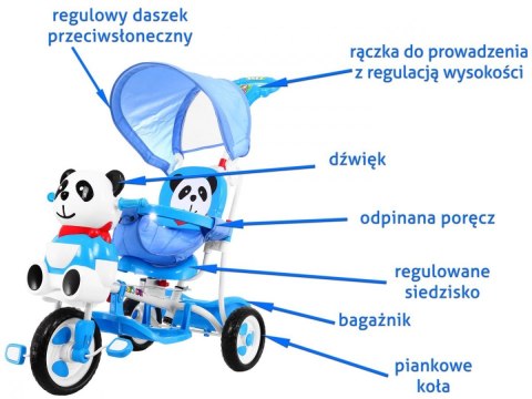 3-kołowy Rowerek dla dzieci Panda Niebieski + Dźwięki + Daszek + Barierka + Podnóżek + Rączka + Schowek 3-kołowy Rowerek dla dzieci Panda Niebieski + Dźwięki + Daszek + Barierka + Podnóżek + Rączka + Schowek