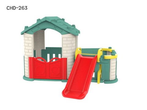 Domek ogrodowy 3w1 dla dzieci Zielony dach + Zjeżdżalnia + Ogródek z płotkiem Domek ogrodowy 3w1 dla dzieci Zielony dach + Zjeżdżalnia + Ogródek z płotkiem