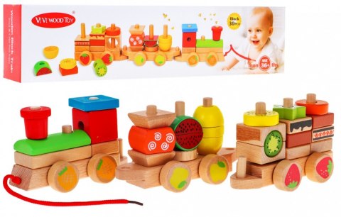 Drewniana lokomotywa z sorterami dla dzieci 3+ Zabawka sensoryczna + 27 klocków Drewniana lokomotywa z sorterami dla dzieci 3+ Zabawka sensoryczna + 27 klocków
