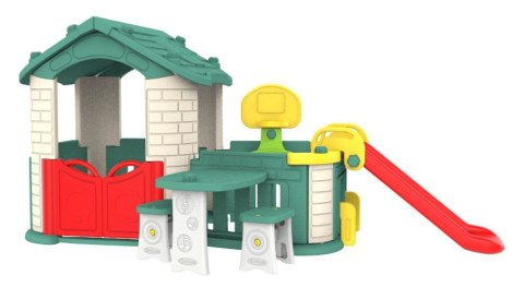 Duży Domek ogrodowy 5w1 dla dzieci + Zjeżdżalnia + Koszykówka + Ogródek + Stolik + 2 Krzesełka Zielony Dach Duży Domek ogrodowy 5w1 dla dzieci + Zjeżdżalnia + Koszykówka + Ogródek + Stolik + 2 Krzesełka Zielony Dach