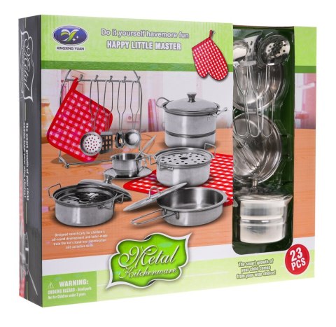 Zestaw metalowych Garnków dla dzieci 3+ Akcesoria 23 el. + Zastawa + Przybory kuchenne + Fartuszek kucharza Zestaw metalowych Garnków dla dzieci 3+ Akcesoria 23 el. + Zastawa + Przybory kuchenne + Fartuszek kucharza