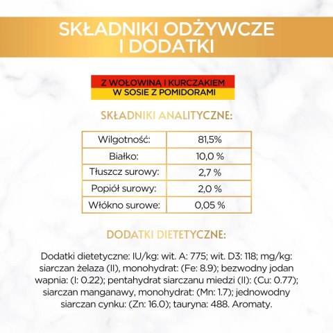 Purina Gourmet Gold z wołowiną i kurczakiem w sosie z pomidorami 85g Purina Gourmet Gold z wołowiną i kurczakiem w sosie z pomidorami 85g